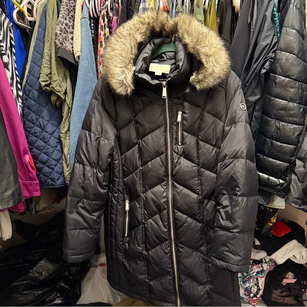 MICHAEL Michael Kors Black Puffer Jacket with Fur Hood